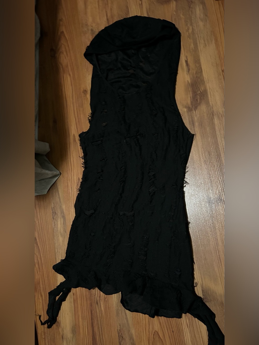 Black Hooded Sleeveless Mini Dress with Distressed Texture